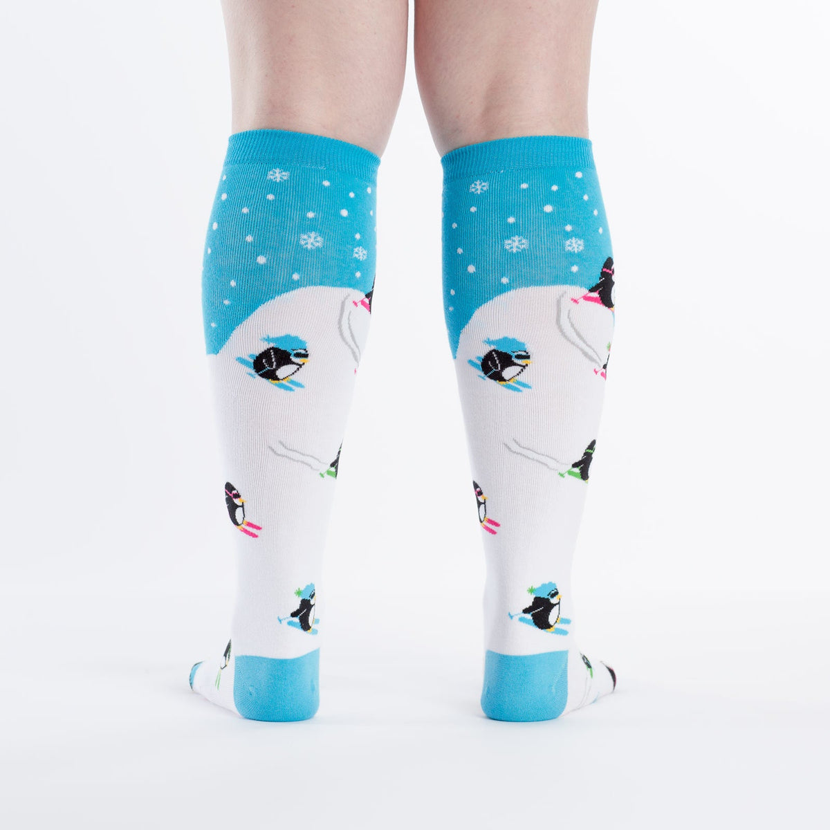 Downhill Penguins knee high socks – model rear view