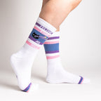 feline fine as hell ribbed crew socks with cat design and retro stripe