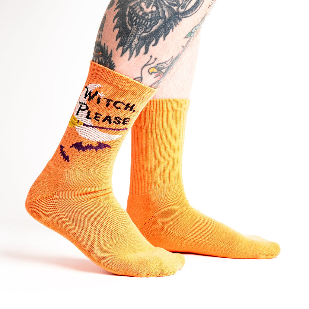 Witch, Please ribbed crew socks in black and purple witchy design